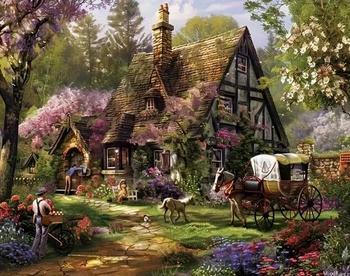 Diamentowa Mozaika Haft Diamentowy Bryczka Na Tle Ogrodu I Domu 30x40