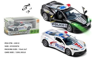 AUTO METAL CASTCAR POLICJA PULL BACK ŚWIATŁO/DŻWIĘKI WYTŁACZANY KARTON PAK 240 
Wymiar produktu: 12x5,3x3,8 cm,Wymiar opak: 15x6,5x7 cm 
dwa kolory ; biały, czarny Batereie AG w zestawie, Światło z przodu dżwięk ruszania, jazda, muzyka
