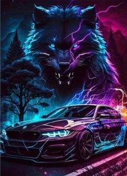 Diamentowa Mozaika Neonowe Auto Z Wilkiem 30X40 Cm Kreatywne Diamenty