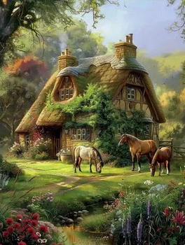 DIAMENTOWA MOZAIKA LEŚNA CHATA I KONIE PAK 30 
30X40